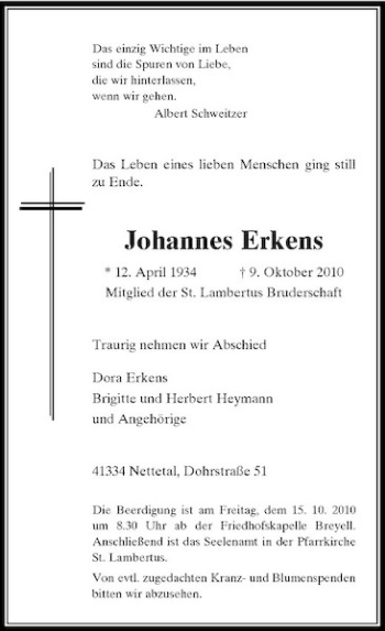 Traueranzeige von Johannes Erkens von Rheinische Post
