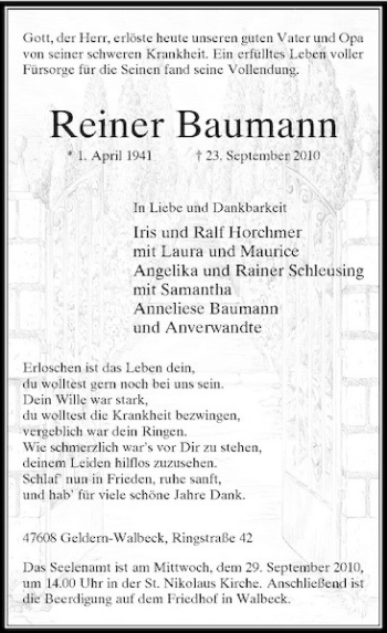 Traueranzeige von Reiner Baumann von Rheinische Post