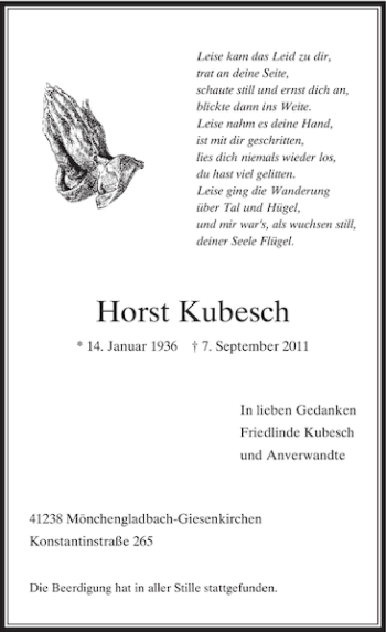 Traueranzeige von Horst Kubesch von Rheinische Post