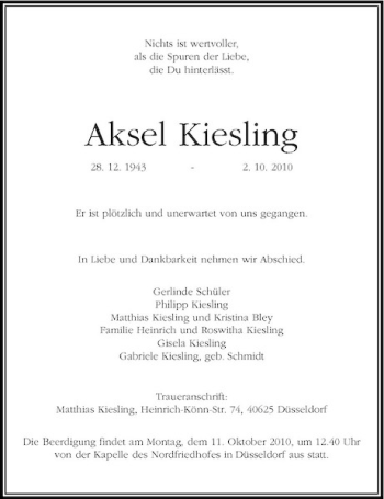 Traueranzeige von Aksel Kiesling von Rheinische Post