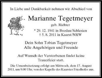 Traueranzeige von Marianne Tegetmeyer von Rheinische Post