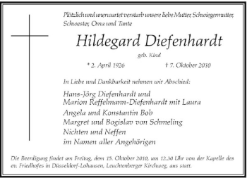 Traueranzeige von Hildegard Diefenhardt von Rheinische Post