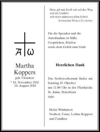 Traueranzeige von Martha Koppers von Rheinische Post