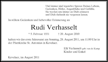 Traueranzeige von Rudi Verhasselt von Rheinische Post