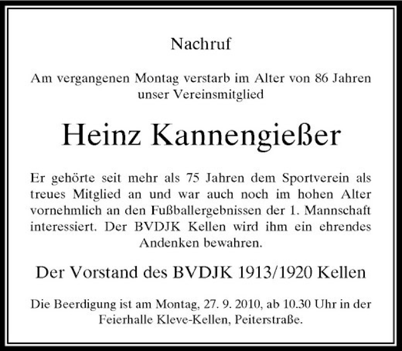  Traueranzeige für Heinz Kannengießer vom 25.09.2010 aus Rheinische Post