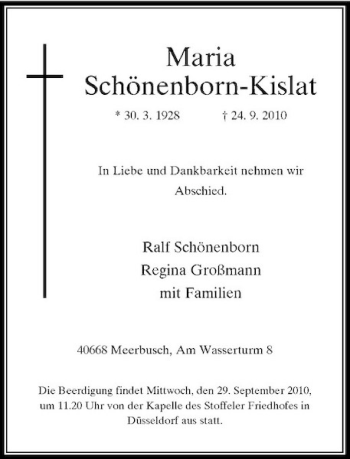 Traueranzeige von Maria Schönenborn-Kislat von Rheinische Post