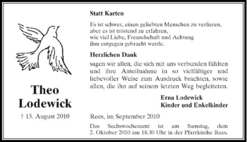 Traueranzeige von Theo Lodewick von Rheinische Post