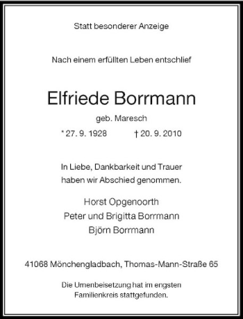 Traueranzeige von Elfriede Borrmann von Rheinische Post