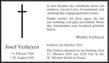 Traueranzeige von Josef Verheyen von Rheinische Post