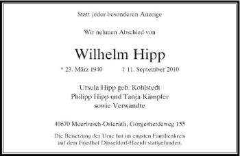 Traueranzeige von Wilhelm Hipp von Rheinische Post