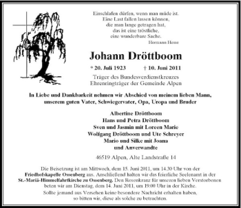 Traueranzeige von Johann Dröttboom von Rheinische Post