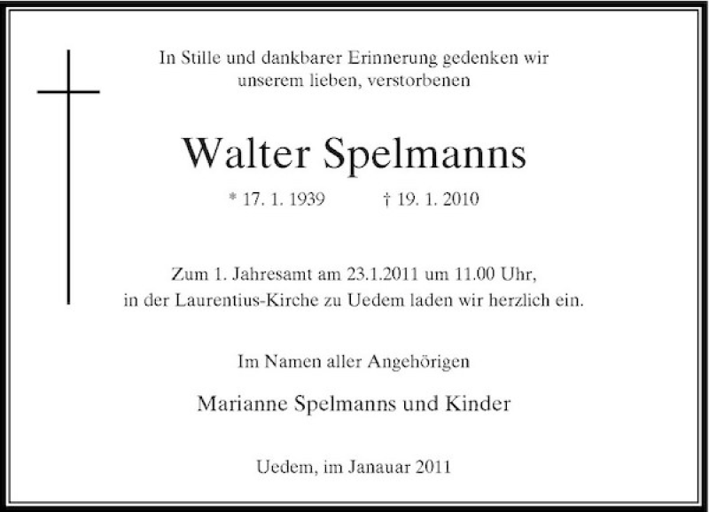  Traueranzeige für Walter Spelmanns vom 17.01.2011 aus Rheinische Post
