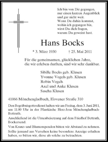 Traueranzeige von Hans Bocks von Rheinische Post