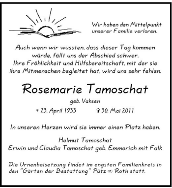 Traueranzeige von Rosemarie Tamoschat von Rheinische Post