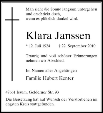 Traueranzeige von Klara Janssen von Rheinische Post