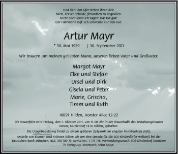 Traueranzeige von Artur Mayr von Rheinische Post