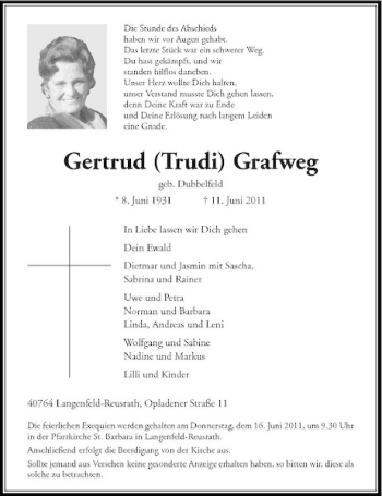 Traueranzeige von Gertrud Grafweg von Rheinische Post