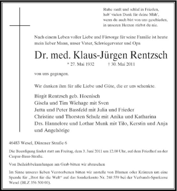 Traueranzeige von Dr. med. Klaus-Jürgen Rentzsch von Rheinische Post