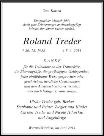 Traueranzeige von Roland Treder von Rheinische Post