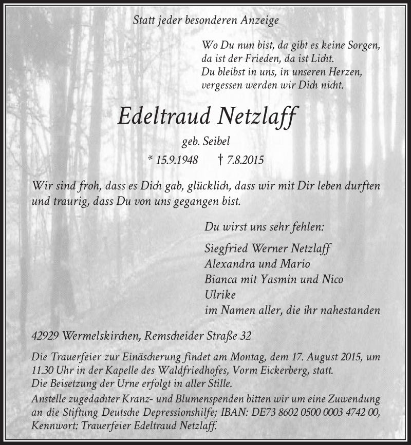  Traueranzeige für Edeltraud Netzlaff vom 14.08.2015 aus Rheinische Post