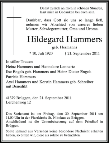 Traueranzeige von Hildegard Hammers von Rheinische Post
