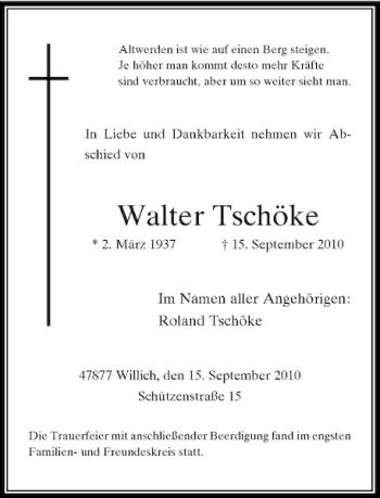 Traueranzeige von Walter Tschöke von Rheinische Post