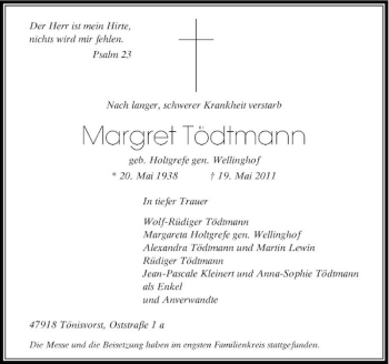 Traueranzeige von Margret Tödtmann von Rheinische Post