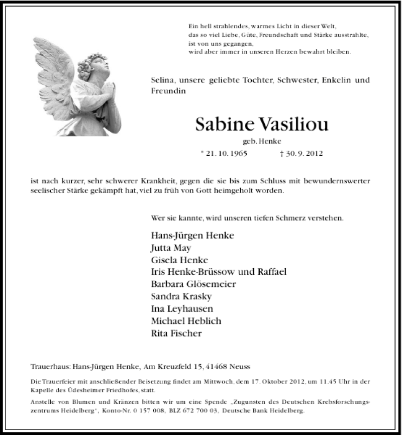  Traueranzeige für Sabine Vasiliou vom 13.10.2012 aus Rheinische Post
