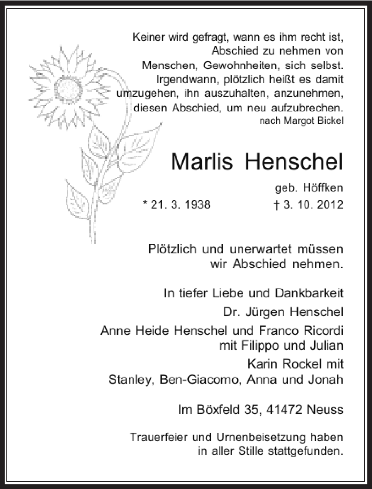  Traueranzeige für Marlis Henschel vom 17.10.2012 aus Rheinische Post