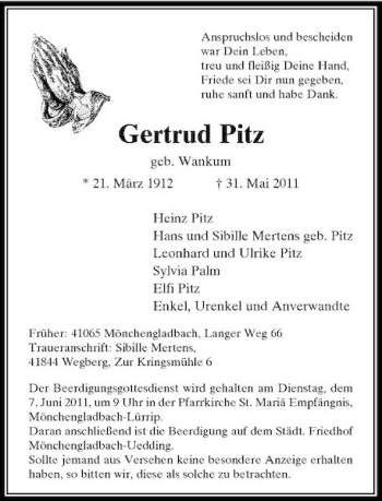 Traueranzeige von Gertrud Pitz von Rheinische Post