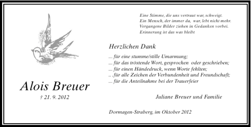  Traueranzeige für Alois Breuer vom 20.10.2012 aus Rheinische Post