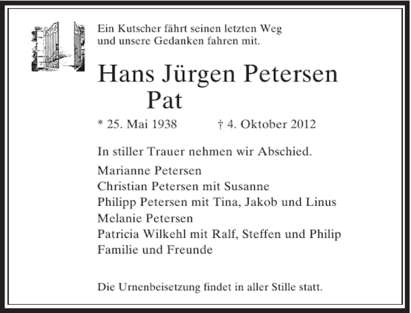  Traueranzeige für Hans Jürgen Petersen Pat vom 20.10.2012 aus Rheinische Post
