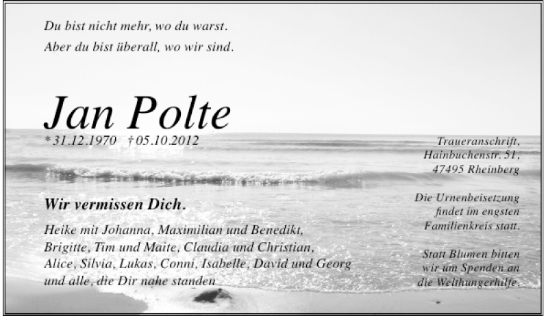  Traueranzeige für Jan Polte vom 20.10.2012 aus Rheinische Post