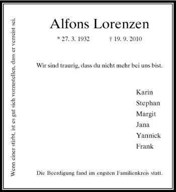 Traueranzeige von sei. Alfons Lorenzen von Rheinische Post