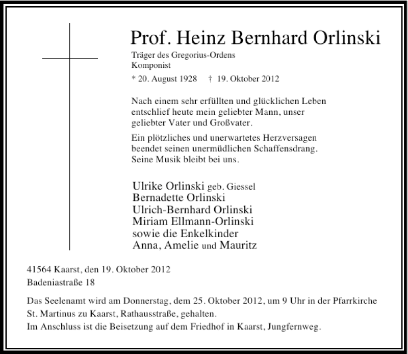  Traueranzeige für Heinz Bernhard Orlinski vom 23.10.2012 aus Rheinische Post