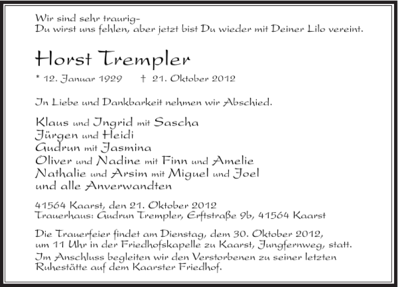  Traueranzeige für Horst Trempler vom 24.10.2012 aus Rheinische Post