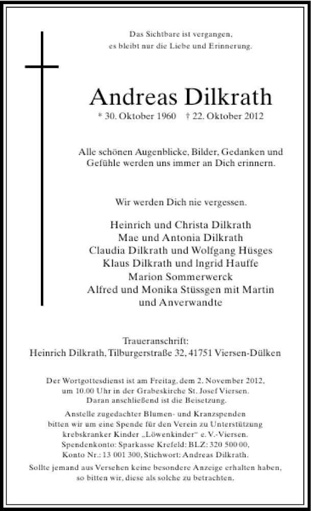  Traueranzeige für Andreas Dilkrath vom 27.10.2012 aus Rheinische Post
