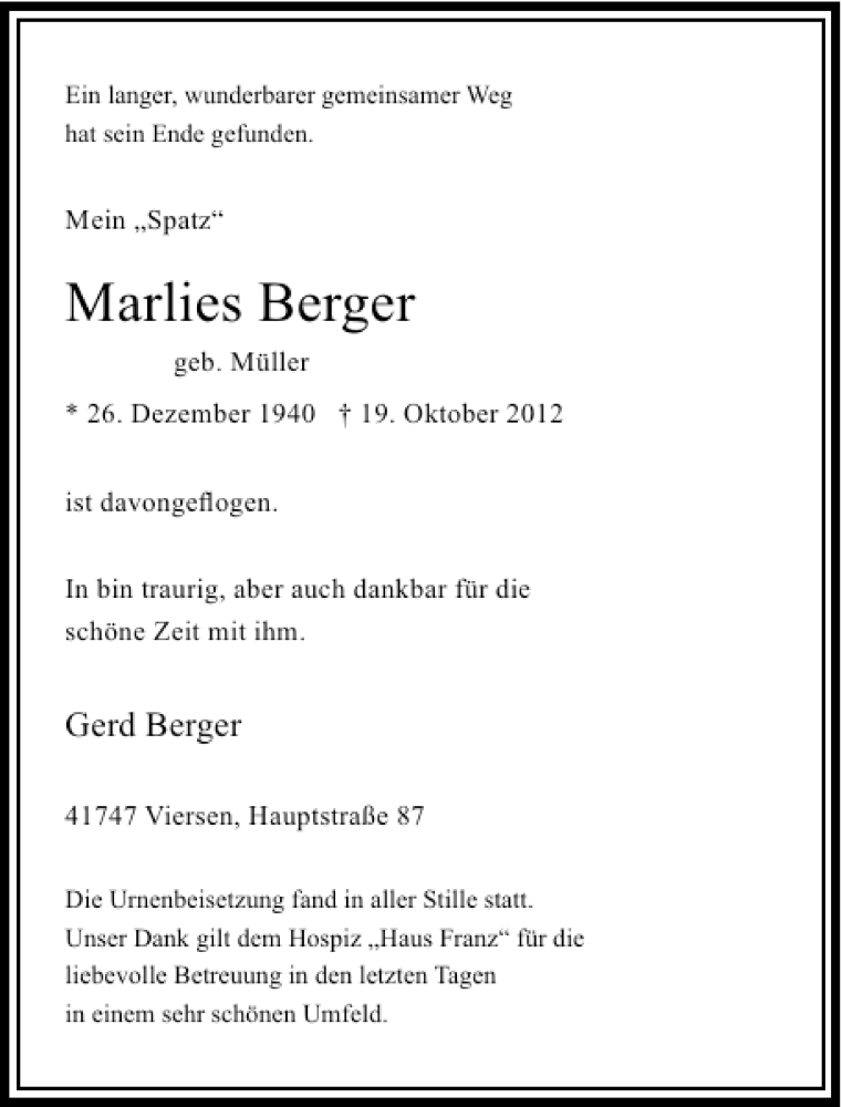  Traueranzeige für Marlies Berger vom 27.10.2012 aus Rheinische Post