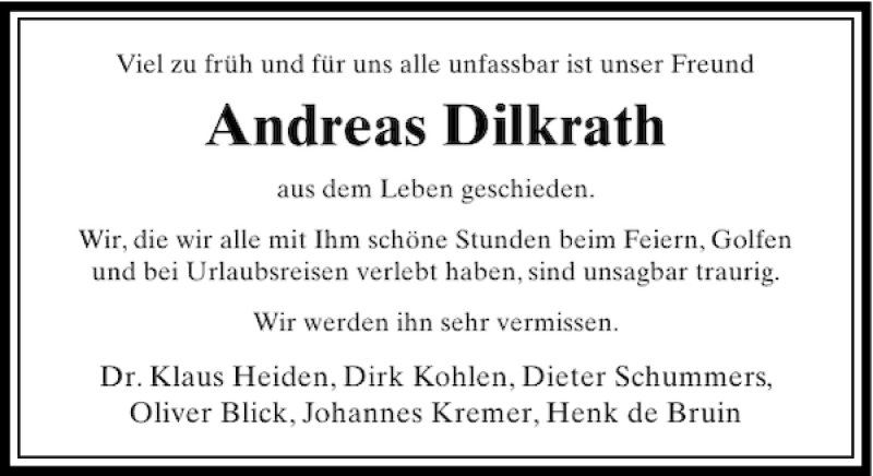  Traueranzeige für Andreas Dilkrath vom 31.10.2012 aus Rheinische Post