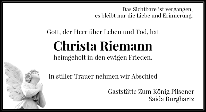 Traueranzeige für Christa Riemann vom 11.07.2015 aus Rheinische Post