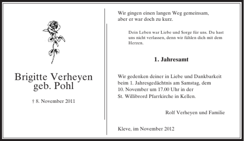  Traueranzeige für Brigitte Verheyen geb. Pohl vom 05.11.2012 aus Rheinische Post