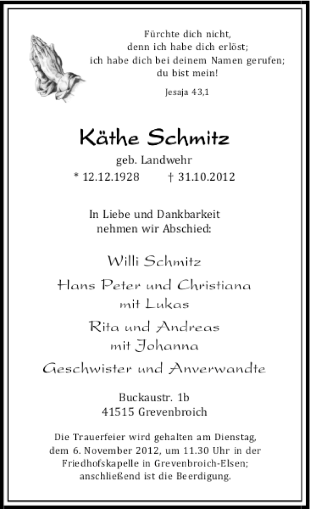  Traueranzeige für Käthe Schmitz vom 03.11.2012 aus Rheinische Post