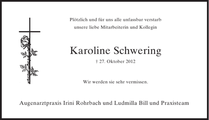  Traueranzeige für Karoline Schwering vom 06.11.2012 aus Rheinische Post