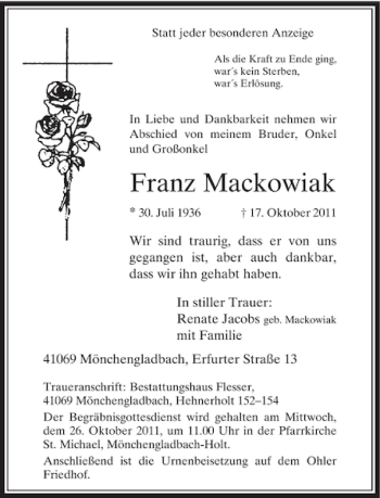 Traueranzeige von Franz Mackowiak von Rheinische Post