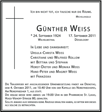 Traueranzeige von Günther Weiss von Rheinische Post