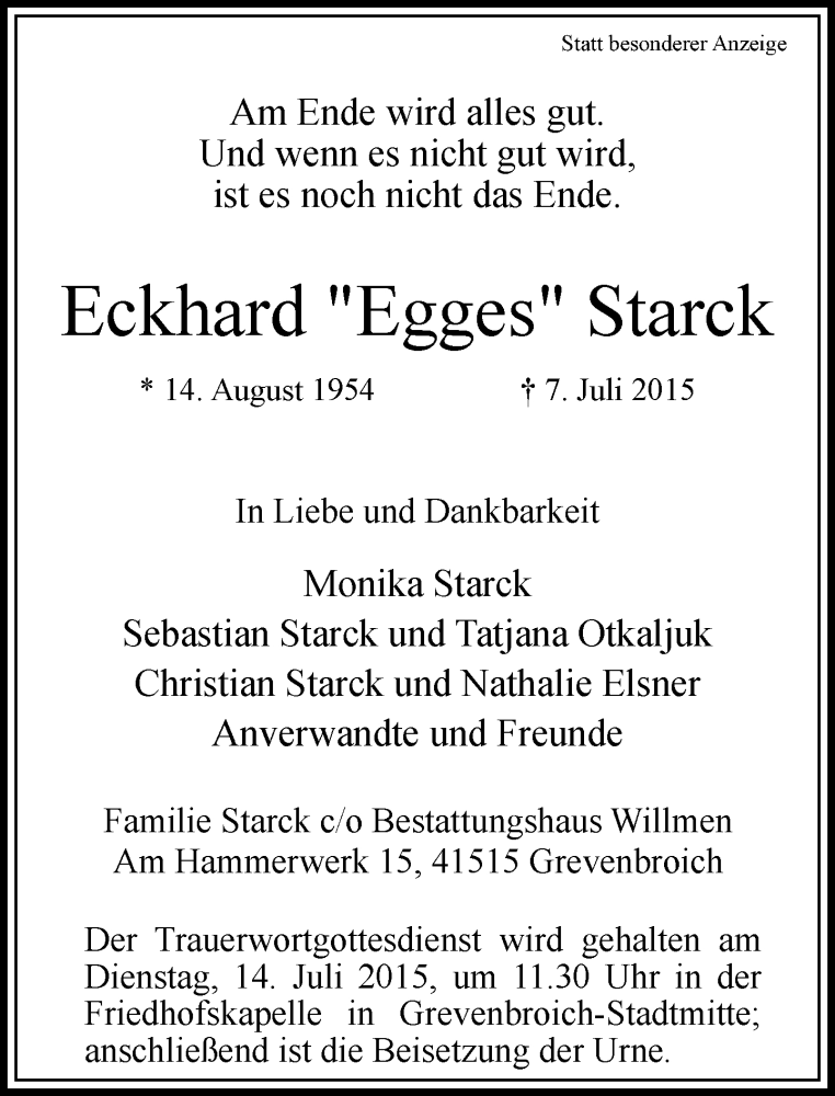  Traueranzeige für Eckhard Starck vom 11.07.2015 aus Rheinische Post