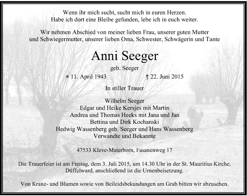  Traueranzeige für Anni Seeger vom 27.06.2015 aus Rheinische Post