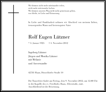Traueranzeige von Rolf Eugen Lützner von Rheinische Post