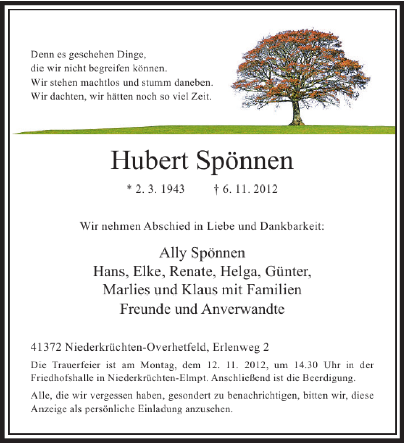  Traueranzeige für Hubert Spönnen vom 08.11.2012 aus Rheinische Post