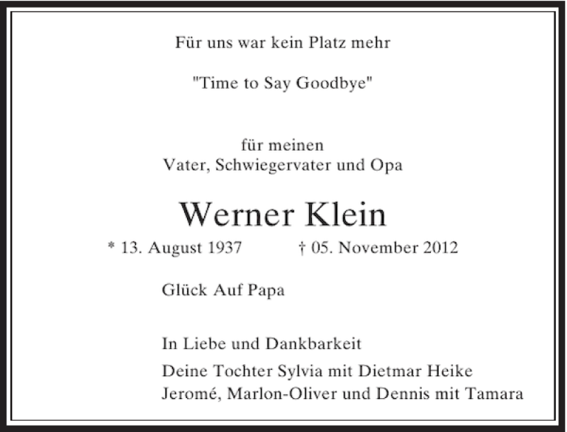  Traueranzeige für Werner Klein vom 12.11.2012 aus Rheinische Post